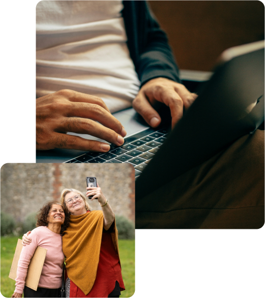 Two ladies taking selfie, a man working with his notebook pc.